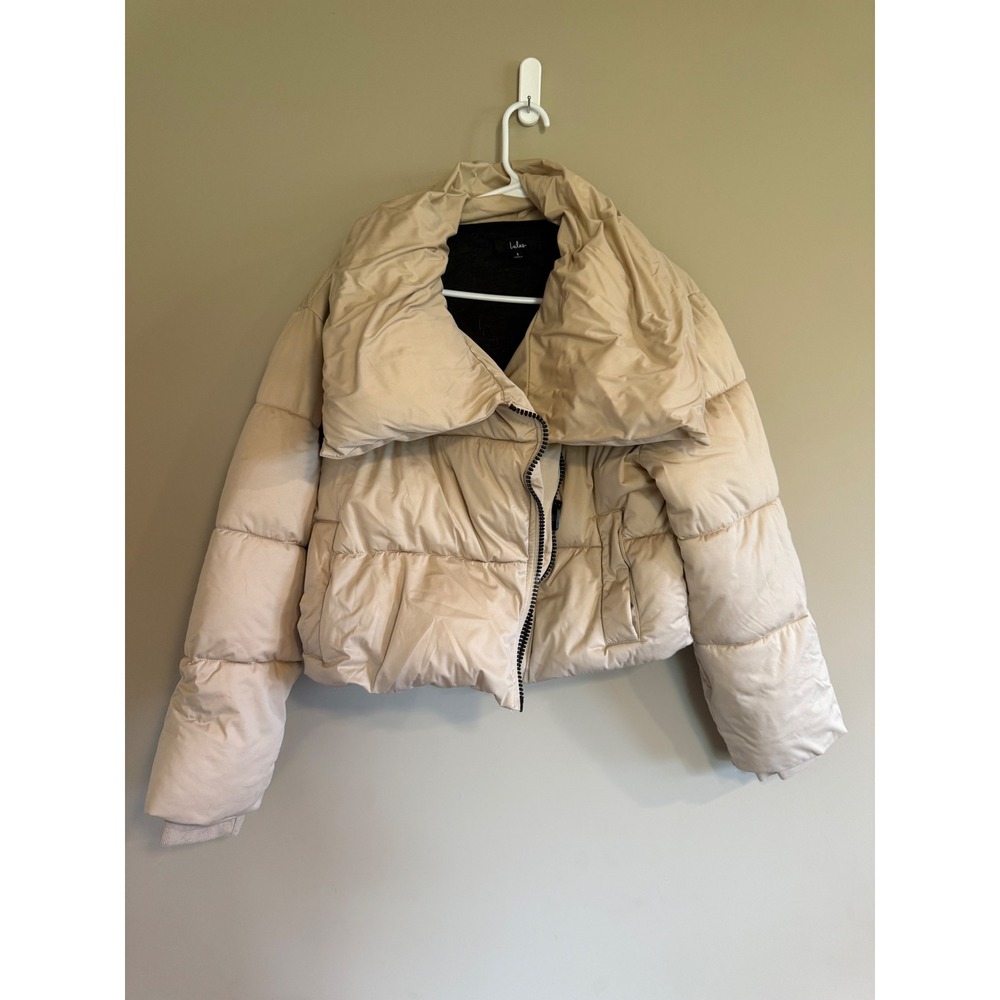 Lulus Champagne Beige Asymmetrical Puffer Jacket Oversized Collar Small
